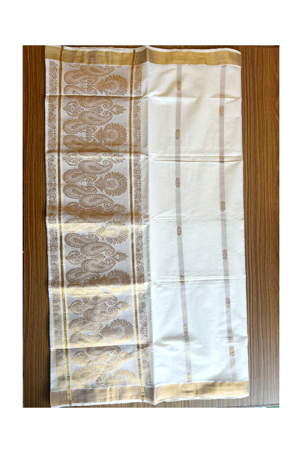 23% Discount!!! Kaitharikada Kerala Cotton Saree Off white - 29.25 inch Kasav Zari with Peacock Pattern Putta Design- 6KK1002JEE