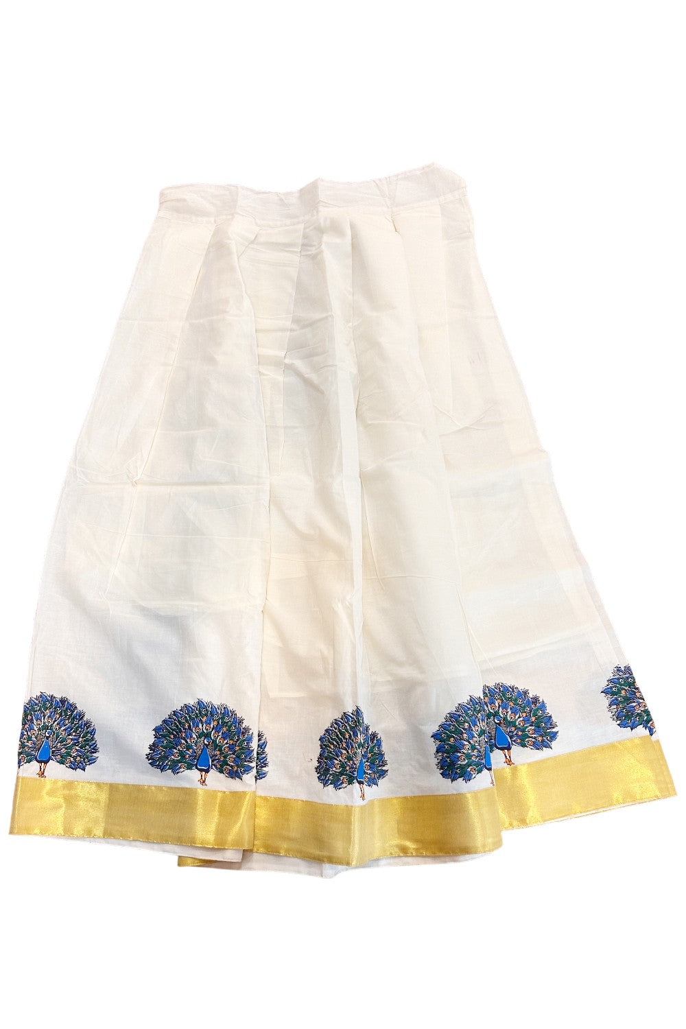 Midukki-Traditional South Indian Kids Pattu Pavada- Offwhite top with peacock print offwhite skirt with kasavu peacock print- Age 15&16 - KK15&16MID006