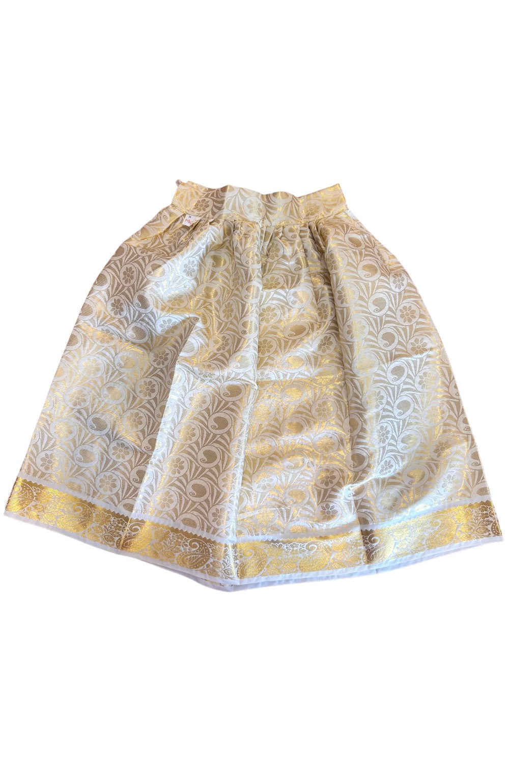 Midukki-Traditional South Indian Kids Pattu Pavada- Golden tissue top offwhite brocade skirt with kasavu- Age 8 - KK8MID006