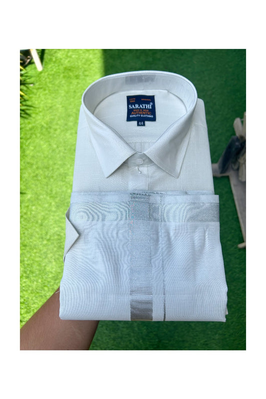 NEW! Kaitharikada Special -Art Silk Men's Shirt & Dhoti Set - Silver Shaded Half Sleeve shirt and Silver Shaded Dhothi with Silver Kasavu Kara - 6KK6004SAR.