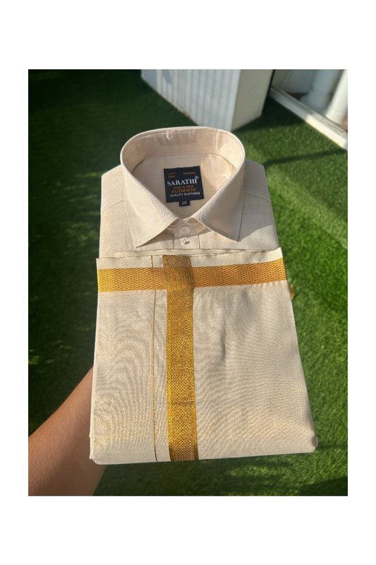 NEW! Kaitharikada Special - Art Silk Men's Shirt & Dhoti Set - Kasavu Shaded Full Sleeve shirt and Kasavu Shaded Dhothi with Kasavu Kara- 6KK6003SAR.