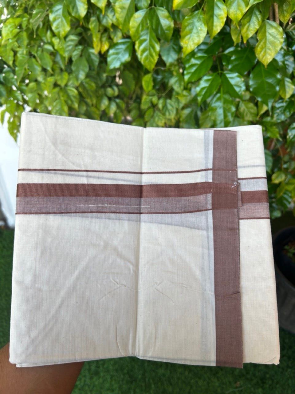 24% Discount ! KaithariKada Balaramapuram 100% Cotton Double OFF WHITE- (Unbleached) - Mundu / Dhoti- 100x80 - 1.5 inch Brown Kara - 6KK5214 MC
