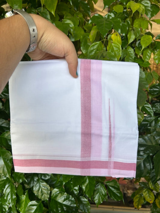 20% Discount ! NEW! KaithariKada Balaramapuram 100% Cotton Pure white Double Mundu/Dhoti - (100x80)s - 1.75 inch Pink Maroon Chutty Kara - 60 KK5249 VIN