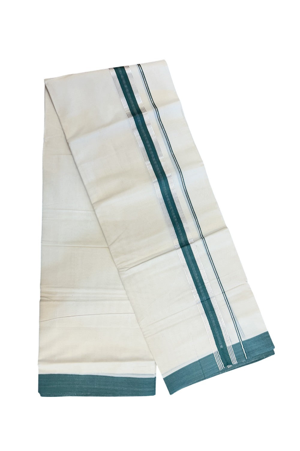 20% Discount ! KaithariKada Balaramapuram 100% Cotton Double OFF WHITE - (Unbleached) - Mundu / Dhoti- 100x80 -  1.5 inch Silver stripes Green kara - 60KK5213 VIN
