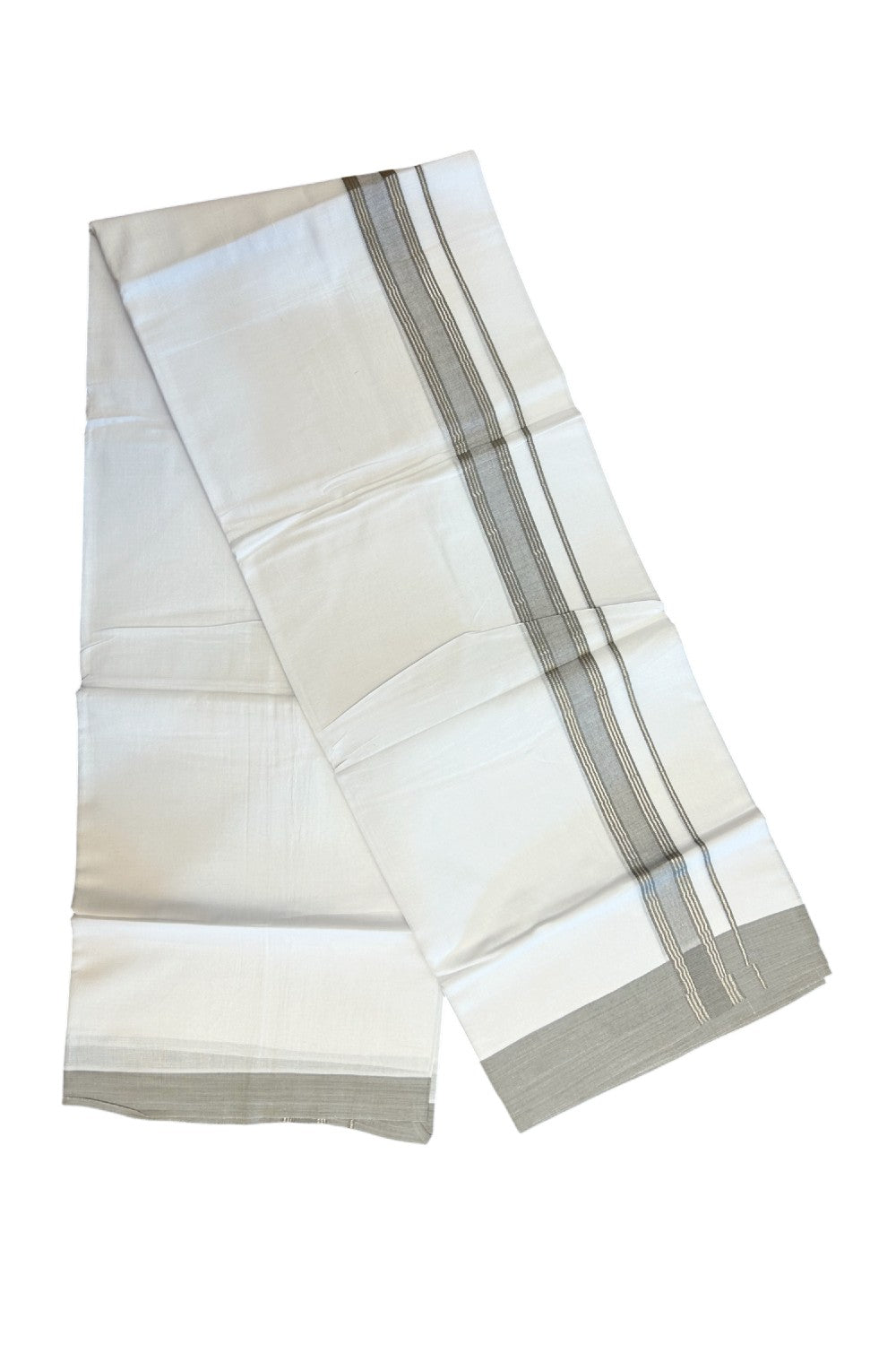 20% DISCOUNT! KaithariKada Balaramapuram 100% Cotton Double Pure white Mundu/Dhoti- 100X80 - 1.25 inch Silver Kasavu & Ash Grey Striped Kara - 3.84mtr ( 8 muzham) - 60KK5227 PMC