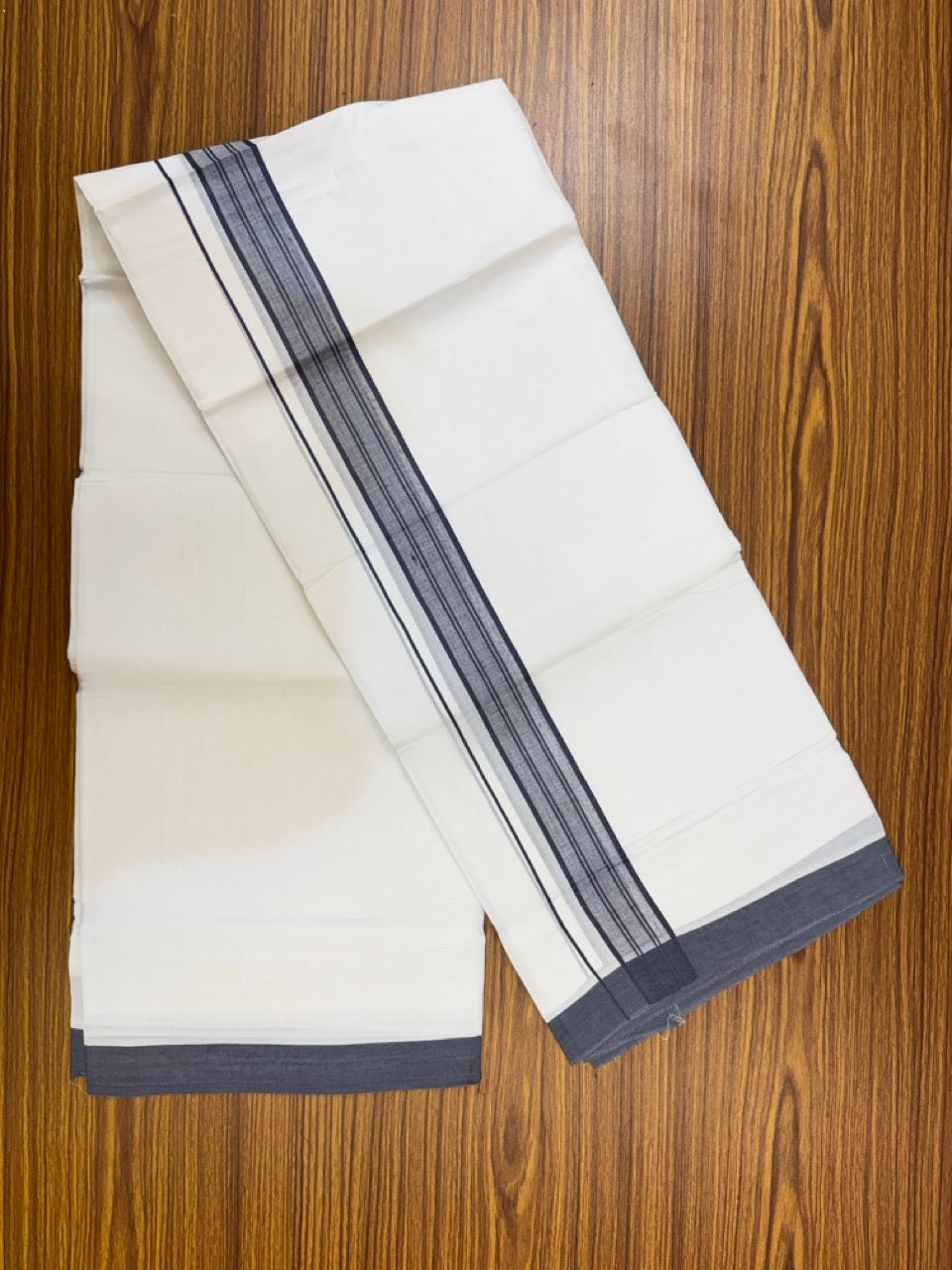 4.5 Meters (10 Muzham) - Pure white double 25% Discount ! KaithariKada Balaramapuram - 100% Pure Cotton 100x80 - Mundu/Dothi - 2 inch Navy Blue Violet Mix Shaded Kara  - 60 KK5258 THI