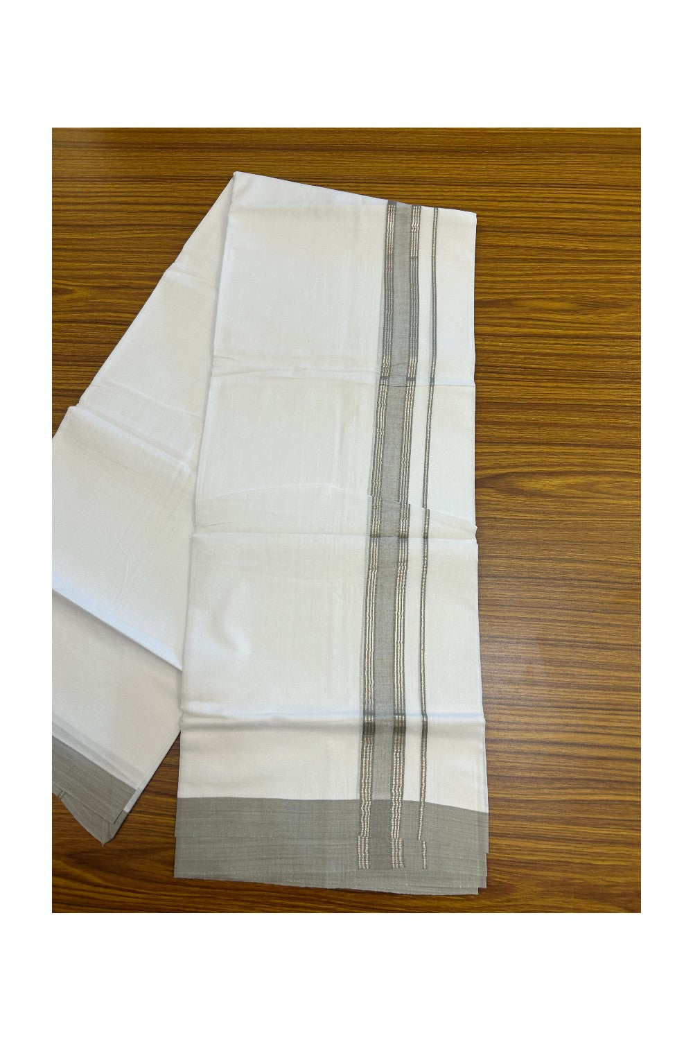 20% DISCOUNT! KaithariKada Balaramapuram 100% Cotton Double Pure white Mundu/Dhoti- 100X80 - 1.25 inch Silver Kasavu & Ash Grey Striped Kara - 3.84mtr ( 8 muzham) - 60KK5227 PMC