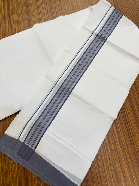 4.5 Meters (10 Muzham) - Pure white double 25% Discount ! KaithariKada Balaramapuram - 100% Pure Cotton 100x80 - Mundu/Dothi - 2 inch Navy Blue Violet Mix Shaded Kara  - 60 KK5258 THI