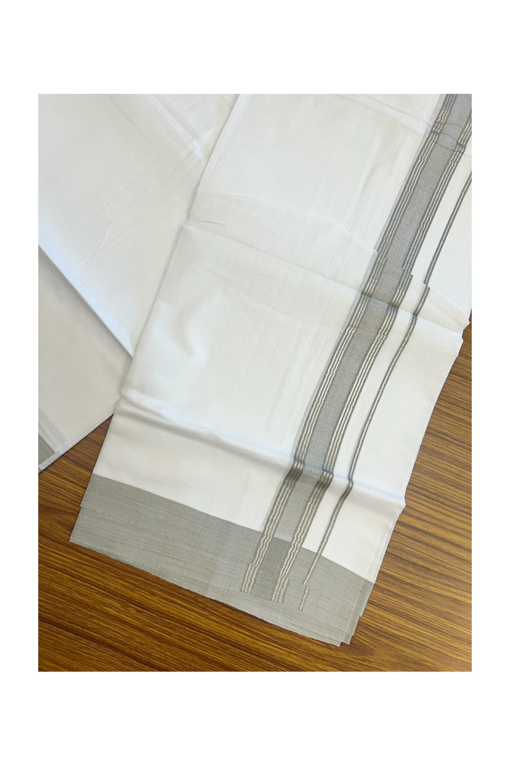 20% DISCOUNT! KaithariKada Balaramapuram 100% Cotton Double Pure white Mundu/Dhoti- 100X80 - 1.25 inch Silver Kasavu & Ash Grey Striped Kara - 3.84mtr ( 8 muzham) - 60KK5227 PMC