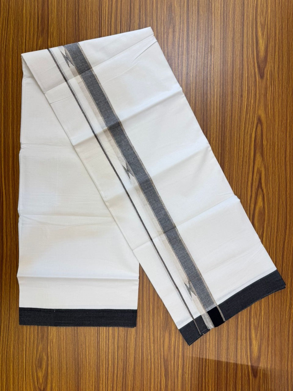 20% Discount ! Kaitharikada Balaramapuram 100% Cotton Pure White Double Mundu/Dothi - 100x80 - 1.5 inch Black & Silver Kasav Design Kara 4 mtr (8.5 muzham) - 69 KK5255 VAS