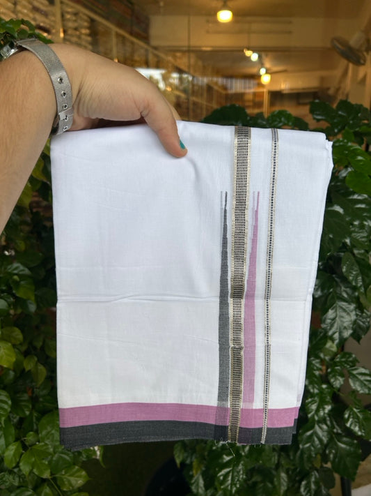 23% Discount ! NEW! KaithariKada Balaramapuram 100% Cotton Pure white Double Mundu/Dhoti - (100x80)s - Pink Purple Black Chutty Silver Kasav - 61 KK5252 CKS