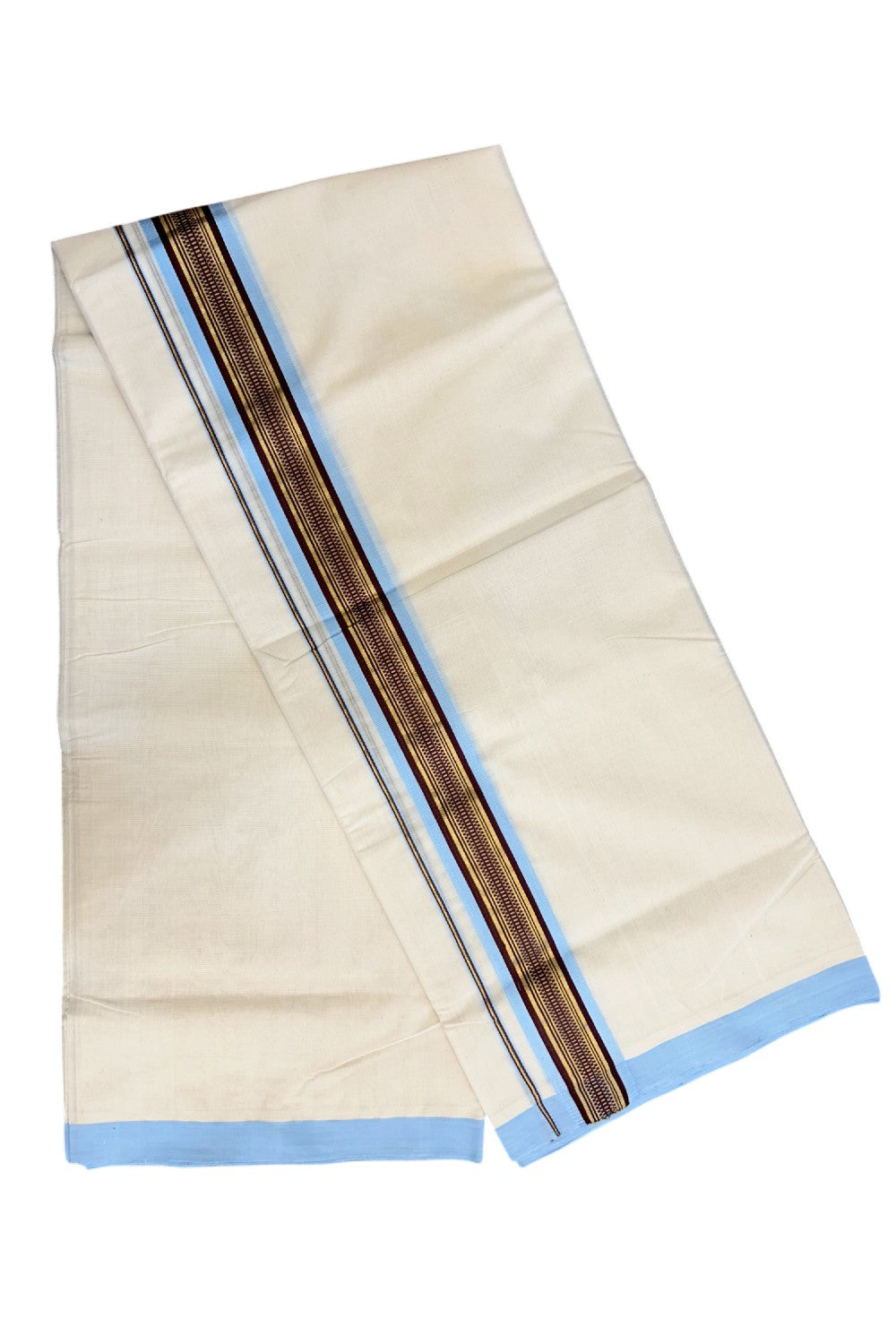 25% Discount!! KaithariKada HANDLOOM millpaav Balaramapuram - 100% PURE Cotton OFF White Double - (Unbleached)  Mundu/Dothi - 2.75  inch Kasavu Maroon Sky Blue Kara 4.5 Meters (10 Muzham) - 61KK5029RAV