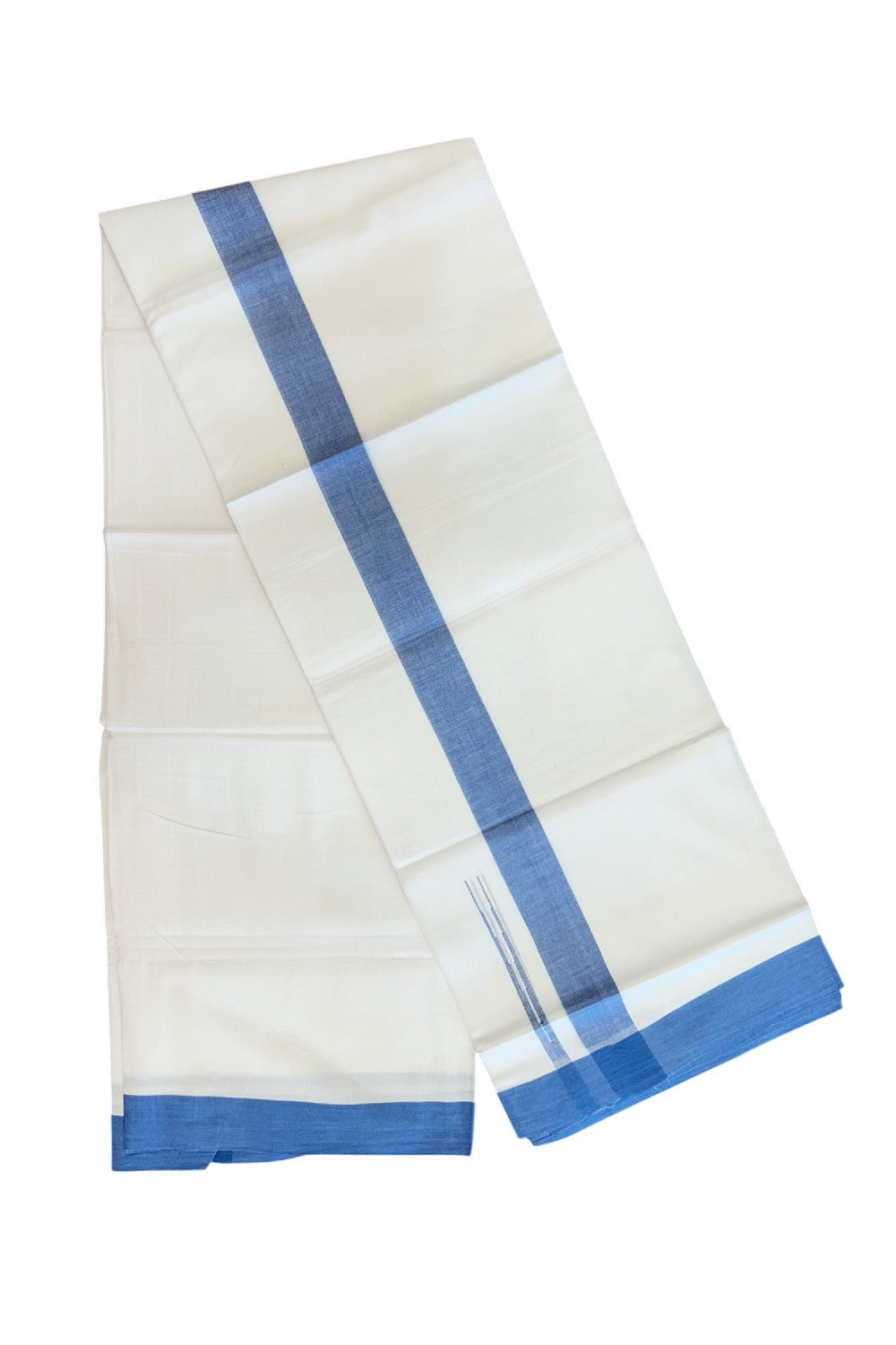 20% Discount ! Kaitharikada Balaramapuram 100% Cotton PURE WHITE Double Mundu/Dothi - 100x80 - 1.5 inch Blue Shaded Chutty Kara - 61KK5182VAS