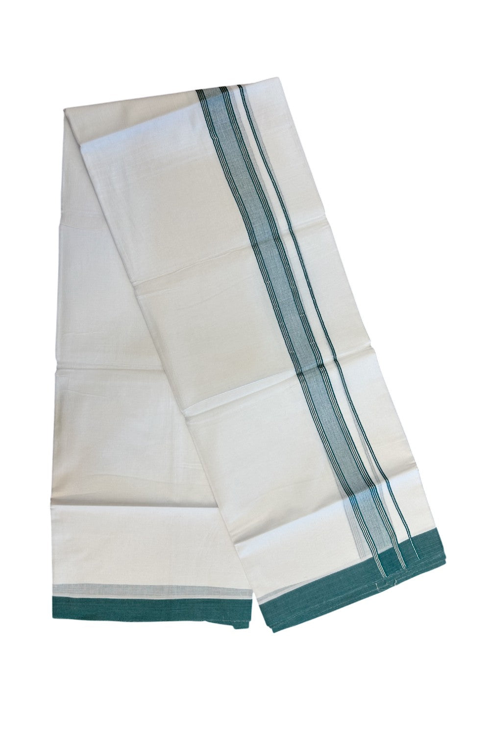 20% DISCOUNT! KaithariKada Balaramapuram 100% Cotton Double Pure white Mundu/Dhoti- 100X80 - 1.25 inch Silver Kasavu & Green Striped Kara - 3.84mtr ( 8 muzham) - 61KK5227 PMC