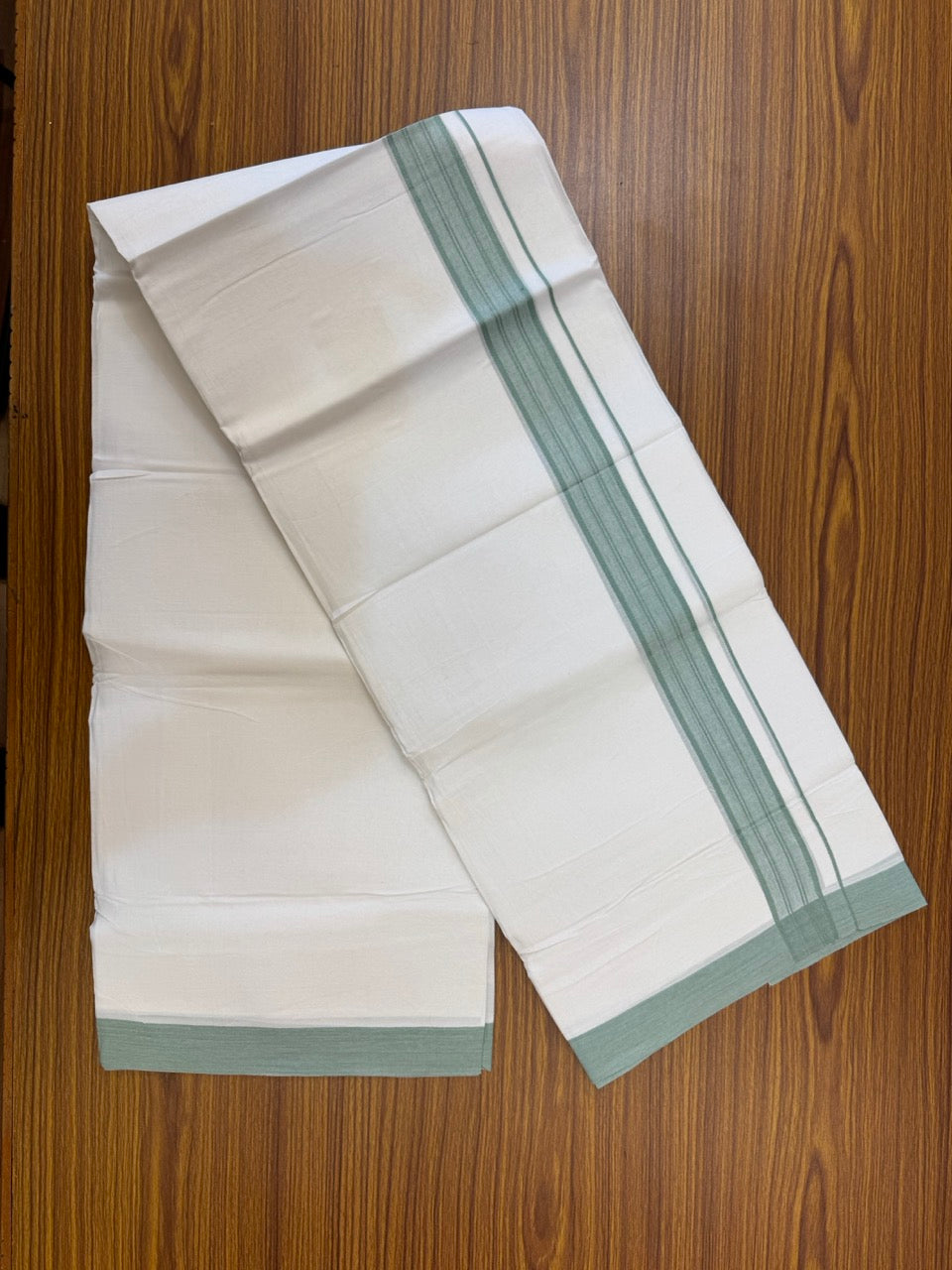 4.5 Meters (10 Muzham) - Pure white double 25% Discount ! KaithariKada Balaramapuram - 100% Pure Cotton 100x80 - Mundu/Dothi - 1.5 inch Vague Green Shaded Kara  - 61 KK5258 THI