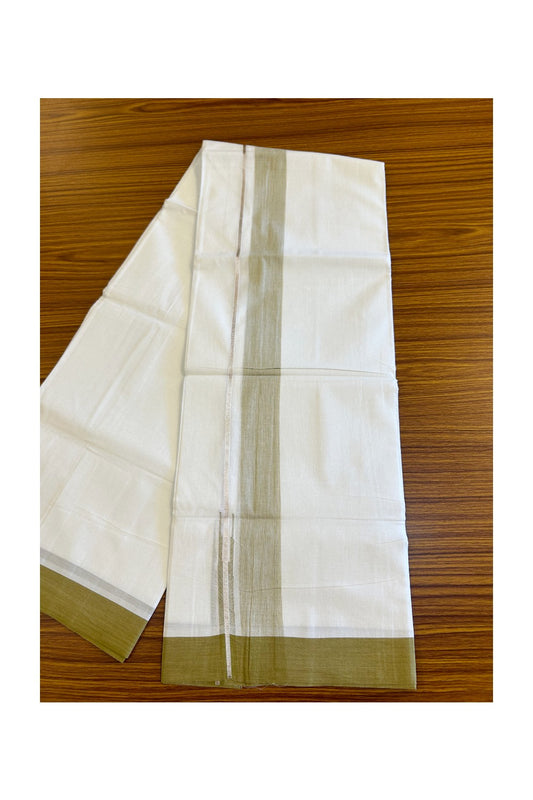 15% DISCOUNT!! Kaitharikada Balaramapuram 100% Cotton PURE WHITE Double Mundu/Dothi-100x90  1.5 inch Puliyilakkara chutty silver kasavu & Olive green shaded kara - 61KK430VAS