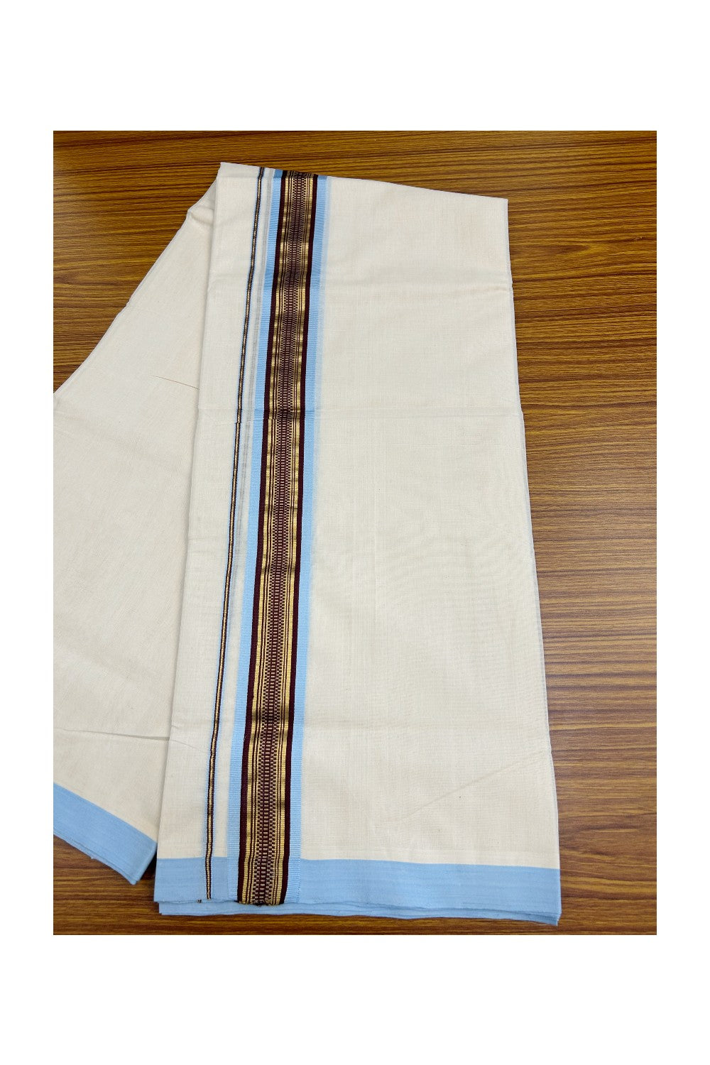 25% Discount!! KaithariKada HANDLOOM millpaav Balaramapuram - 100% PURE Cotton OFF White Double - (Unbleached)  Mundu/Dothi - 2.75  inch Kasavu Maroon Sky Blue Kara 4.5 Meters (10 Muzham) - 61KK5029RAV