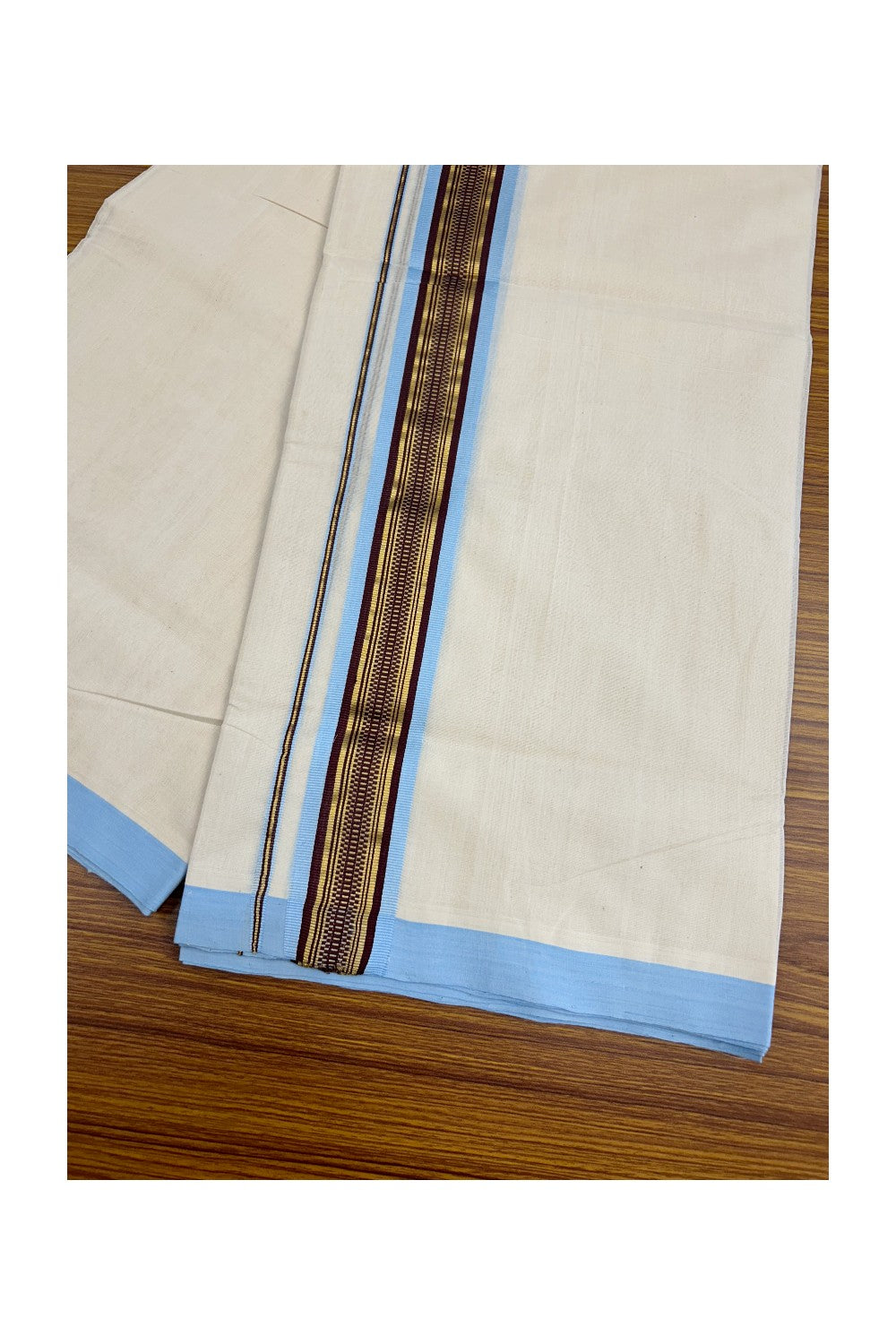 25% Discount!! KaithariKada HANDLOOM millpaav Balaramapuram - 100% PURE Cotton OFF White Double - (Unbleached)  Mundu/Dothi - 2.75  inch Kasavu Maroon Sky Blue Kara 4.5 Meters (10 Muzham) - 61KK5029RAV