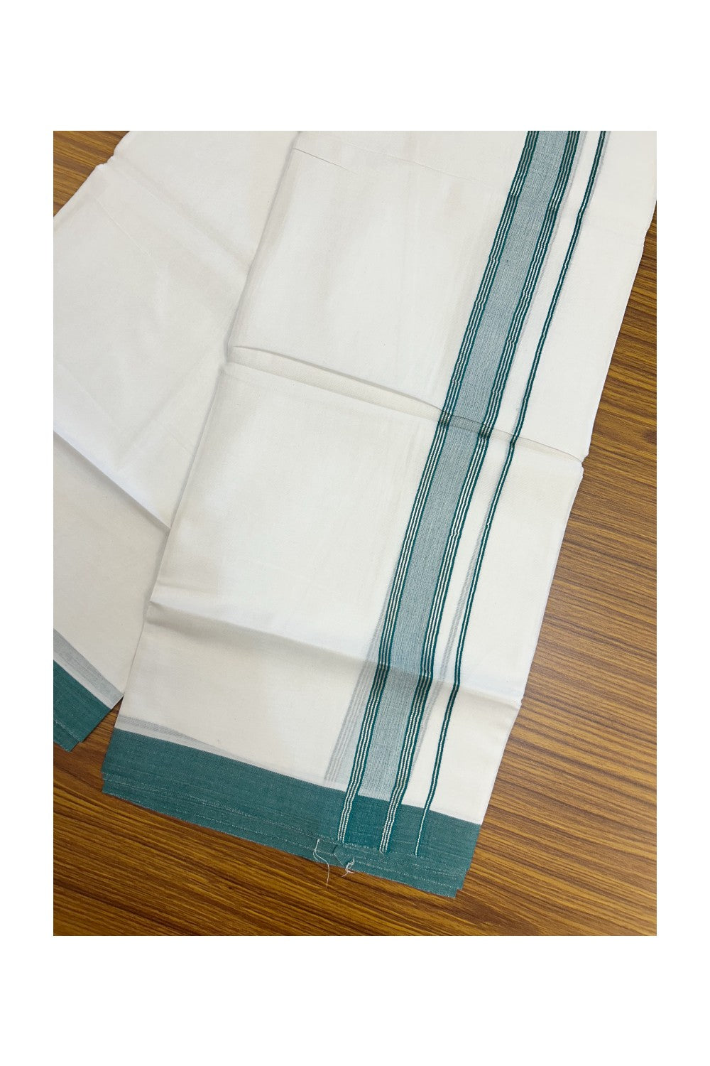 20% DISCOUNT! KaithariKada Balaramapuram 100% Cotton Double Pure white Mundu/Dhoti- 100X80 - 1.25 inch Silver Kasavu & Green Striped Kara - 3.84mtr ( 8 muzham) - 61KK5227 PMC