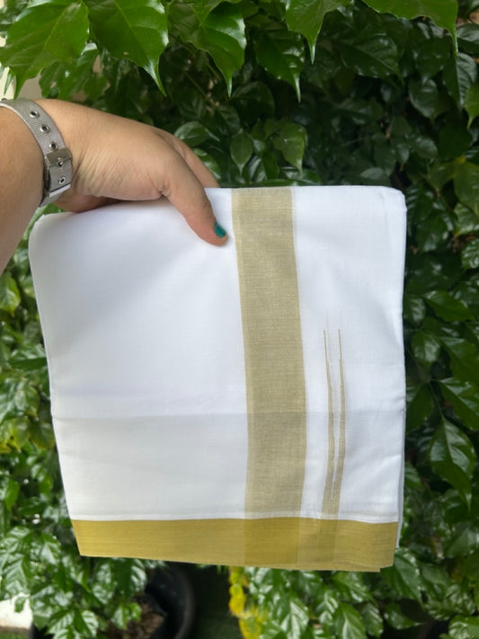 20% Discount ! NEW! KaithariKada Balaramapuram 100% Cotton Pure white Double Mundu/Dhoti - (100x80)s - 1.5 inch Sage Green Chutty Kara - 62 KK5249 VIN