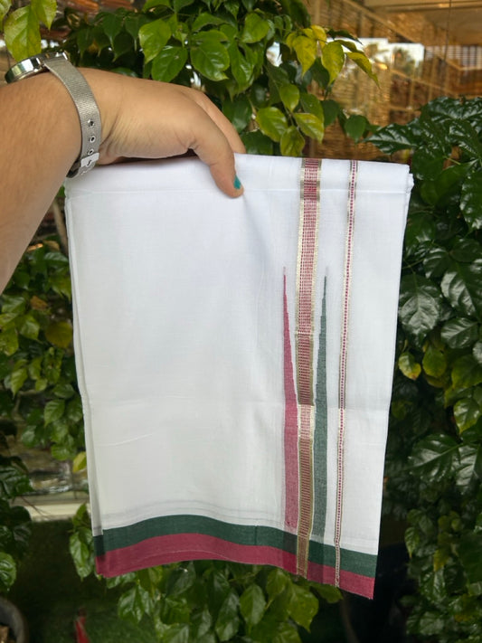 23% Discount ! NEW! KaithariKada Balaramapuram 100% Cotton Pure white Double Mundu/Dhoti - (100x80)s - Green Maroon Chutty Silver Kasav - 62 KK5252 CKS