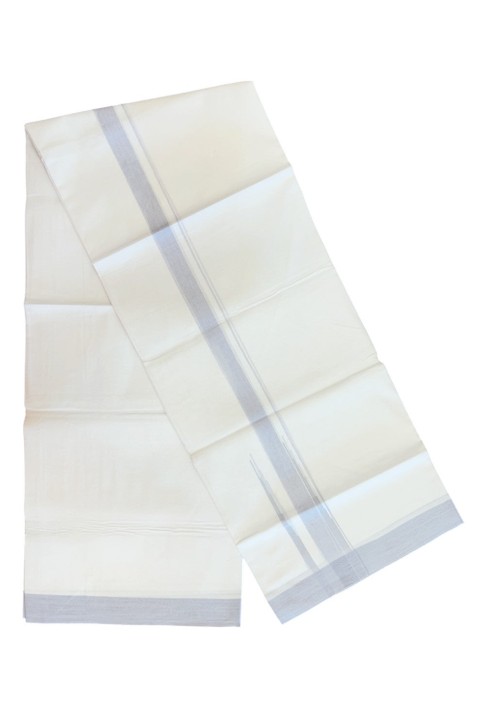 20% Discount ! Kaitharikada Balaramapuram 100% Cotton PURE WHITE Double Mundu/Dothi - 100x80 - 1.5 inch Light Steel Blue Shaded Chutty Kara - 62KK5182VAS