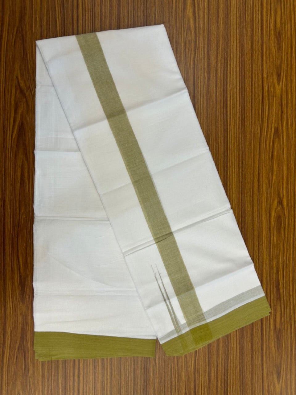 20% Discount ! NEW! KaithariKada Balaramapuram 100% Cotton Pure white Double Mundu/Dhoti - (100x80)s - 1.5 inch Sage Green Chutty Kara - 62 KK5249 VIN