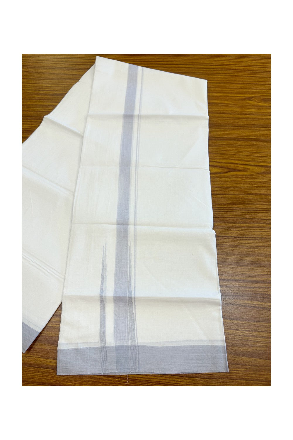 20% Discount ! Kaitharikada Balaramapuram 100% Cotton PURE WHITE Double Mundu/Dothi - 100x80 - 1.5 inch Light Steel Blue Shaded Chutty Kara - 62KK5182VAS