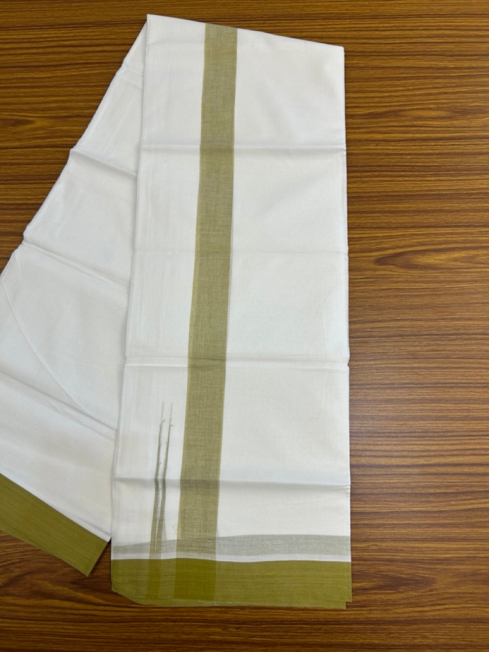 20% Discount ! NEW! KaithariKada Balaramapuram 100% Cotton Pure white Double Mundu/Dhoti - (100x80)s - 1.5 inch Sage Green Chutty Kara - 62 KK5249 VIN