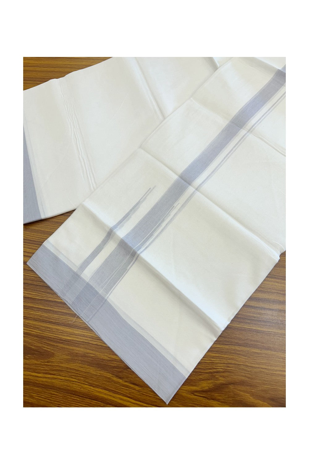 20% Discount ! Kaitharikada Balaramapuram 100% Cotton PURE WHITE Double Mundu/Dothi - 100x80 - 1.5 inch Light Steel Blue Shaded Chutty Kara - 62KK5182VAS