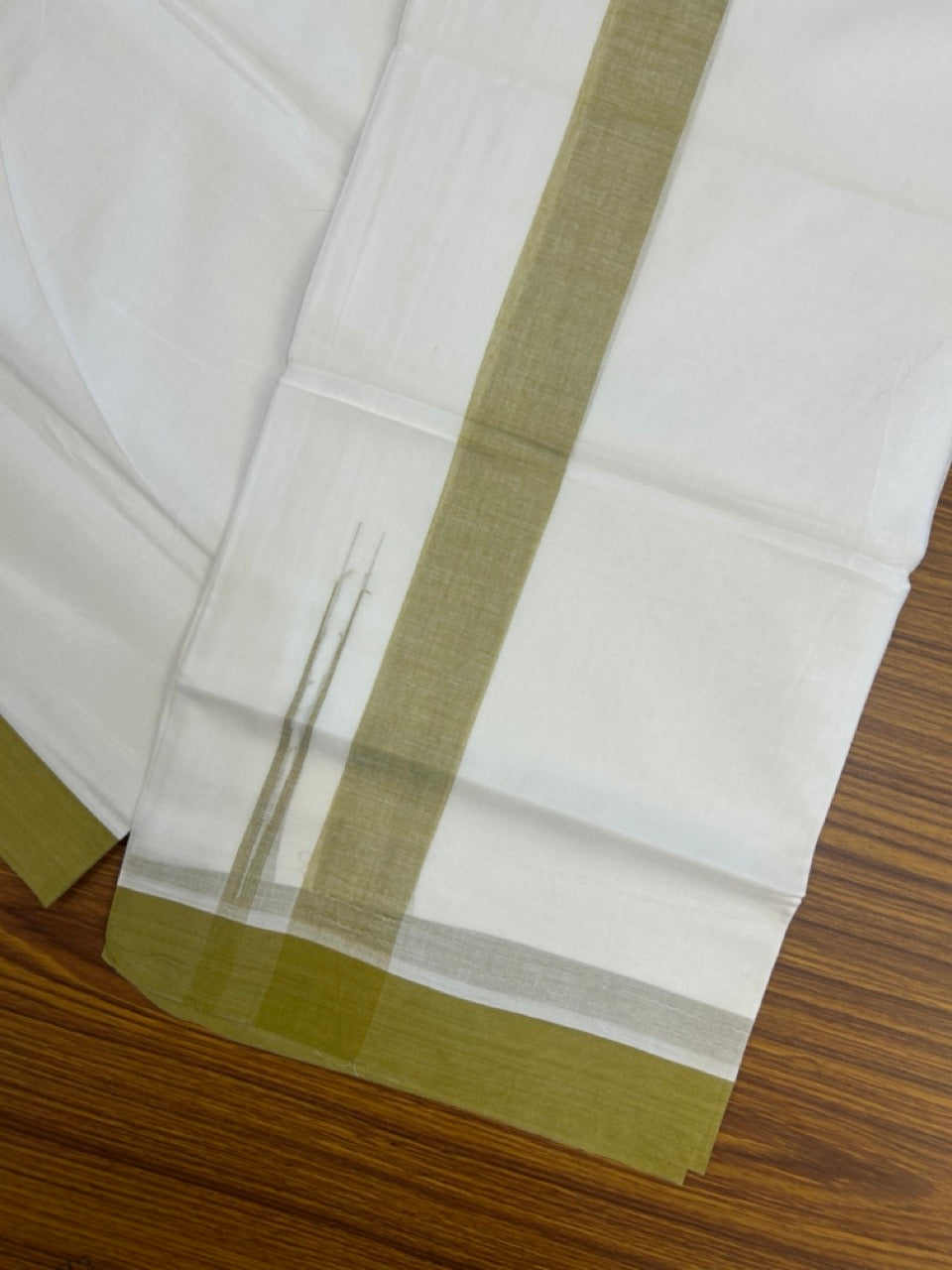 20% Discount ! NEW! KaithariKada Balaramapuram 100% Cotton Pure white Double Mundu/Dhoti - (100x80)s - 1.5 inch Sage Green Chutty Kara - 62 KK5249 VIN