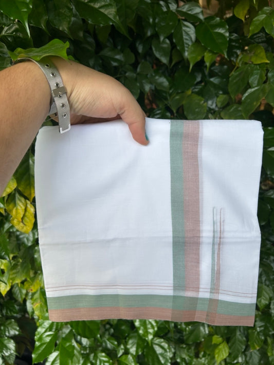 20% Discount ! NEW! KaithariKada Balaramapuram 100% Cotton Pure white Double Mundu/Dhoti - (100x80)s - 1.5 inch Brown Green Chutty Kara - 63 KK5249 VIN