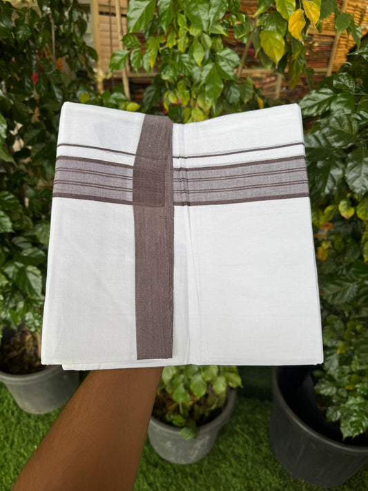 4.5 Meters (10 Muzham) - Pure white double 25% Discount ! KaithariKada Balaramapuram - 100% Pure Cotton 100x80 - Mundu/Dothi - 1.5 inch Wine Brown Shaded Kara  - 63 KK5258 THI