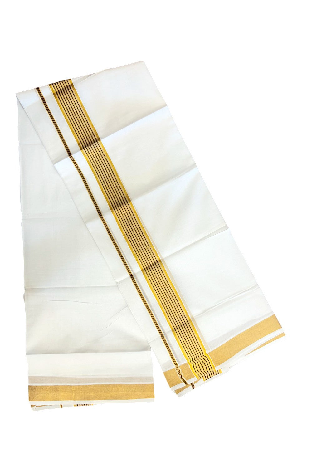 20% DISCOUNT! Kaitharikada Balaramapuram 100% Cotton PURE WHITE Double Mundu/Dothi - 80x80 - 1.75 Inch Gold Kasavu & Purple striped Kara - 63KK5182VAS