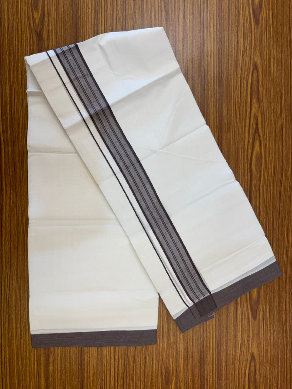 4.5 Meters (10 Muzham) - Pure white double 25% Discount ! KaithariKada Balaramapuram - 100% Pure Cotton 100x80 - Mundu/Dothi - 1.5 inch Wine Brown Shaded Kara  - 63 KK5258 THI
