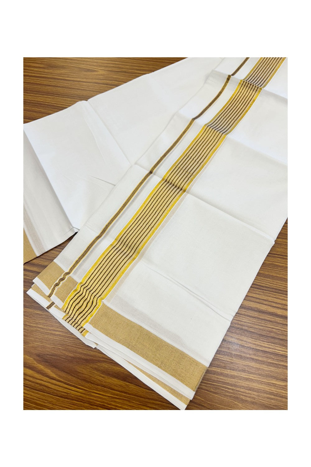 20% DISCOUNT! Kaitharikada Balaramapuram 100% Cotton PURE WHITE Double Mundu/Dothi - 80x80 - 1.75 Inch Gold Kasavu & Purple striped Kara - 63KK5182VAS