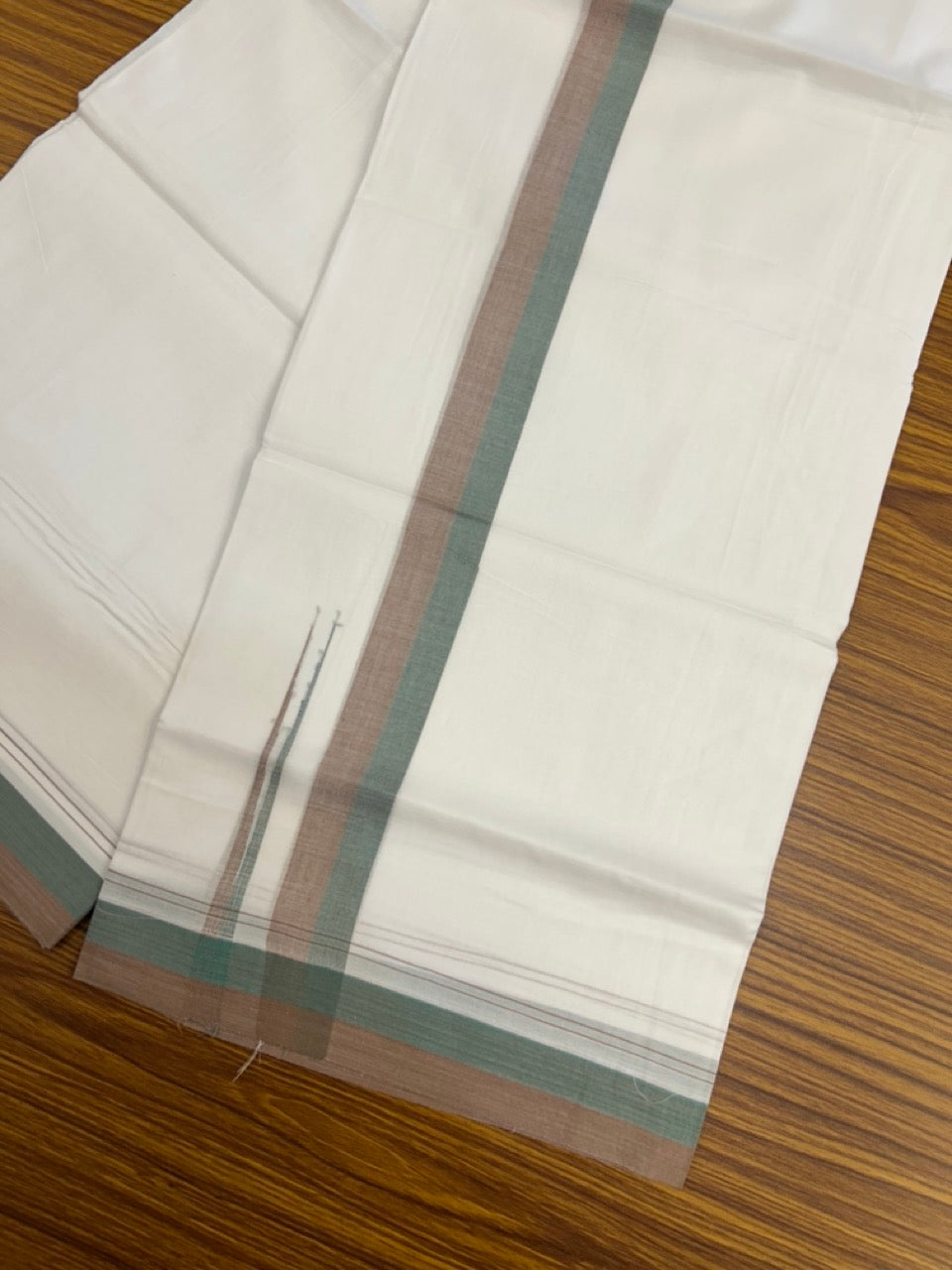 20% Discount ! NEW! KaithariKada Balaramapuram 100% Cotton Pure white Double Mundu/Dhoti - (100x80)s - 1.5 inch Brown Green Chutty Kara - 63 KK5249 VIN