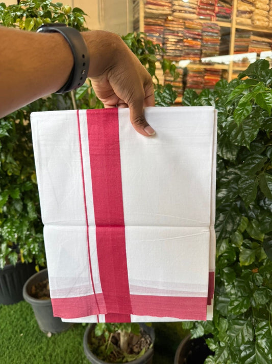 20% Discount ! KaithariKada Balaramapuram 100% Cotton Double Pure white Mundu/Dhoti- 100x80 - 1.75 inch Magenta Pink Kara - 3.90mtr ( 8 muzham) - 35 KK5251 PMC