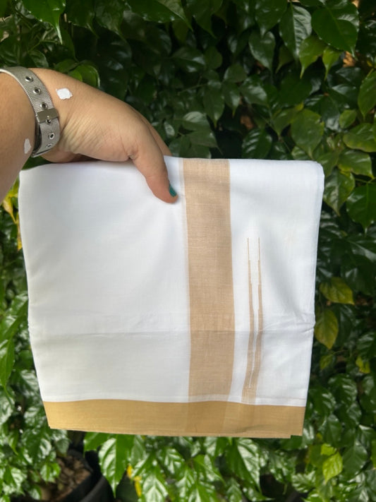 20% Discount ! NEW! KaithariKada Balaramapuram 100% Cotton Pure white Double Mundu/Dhoti - (100x80)s - 1.5 inch Sand Brown Chutty Kara - 64 KK5249 VIN