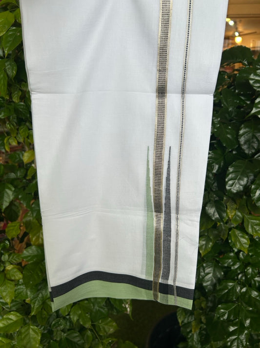 23% Discount ! NEW! KaithariKada Balaramapuram 100% Cotton Pure white Double Mundu/Dhoti - (100x80)s - Green Black Chutty Silver Kasav - 64 KK5252 CKS