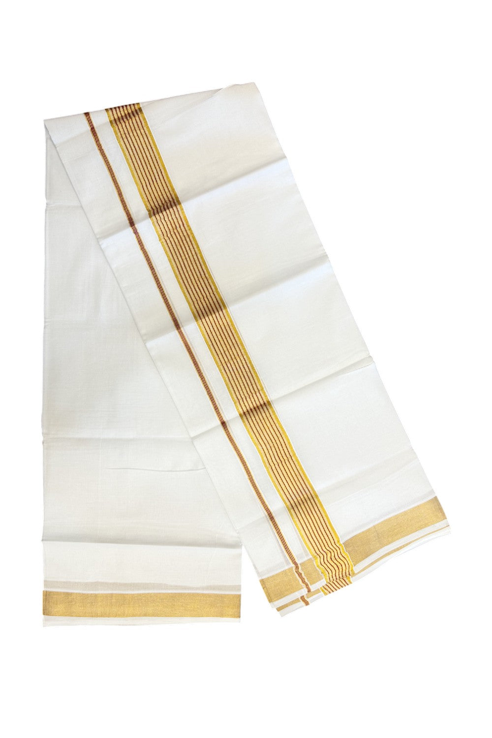 20% DISCOUNT! Kaitharikada Balaramapuram 100% Cotton PURE WHITE Double Mundu/Dothi - 80x80 - 1.75 Inch Gold Kasavu & Magenta striped Kara - 64KK5182VAS