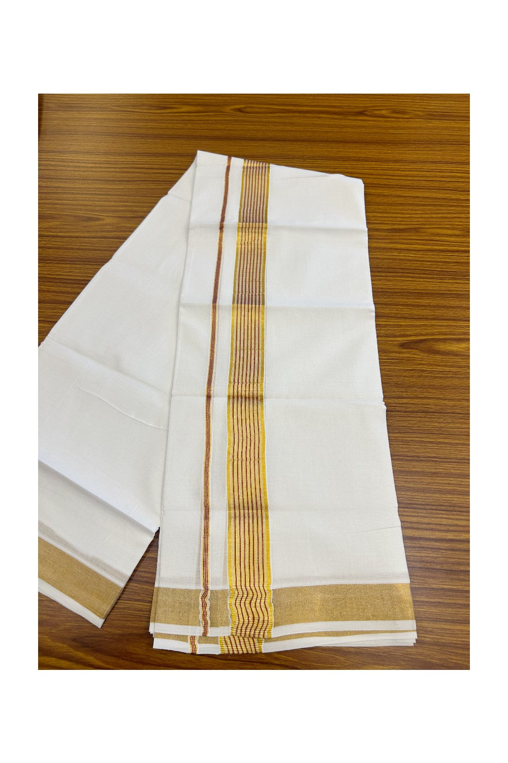 20% DISCOUNT! Kaitharikada Balaramapuram 100% Cotton PURE WHITE Double Mundu/Dothi - 80x80 - 1.75 Inch Gold Kasavu & Magenta striped Kara - 64KK5182VAS