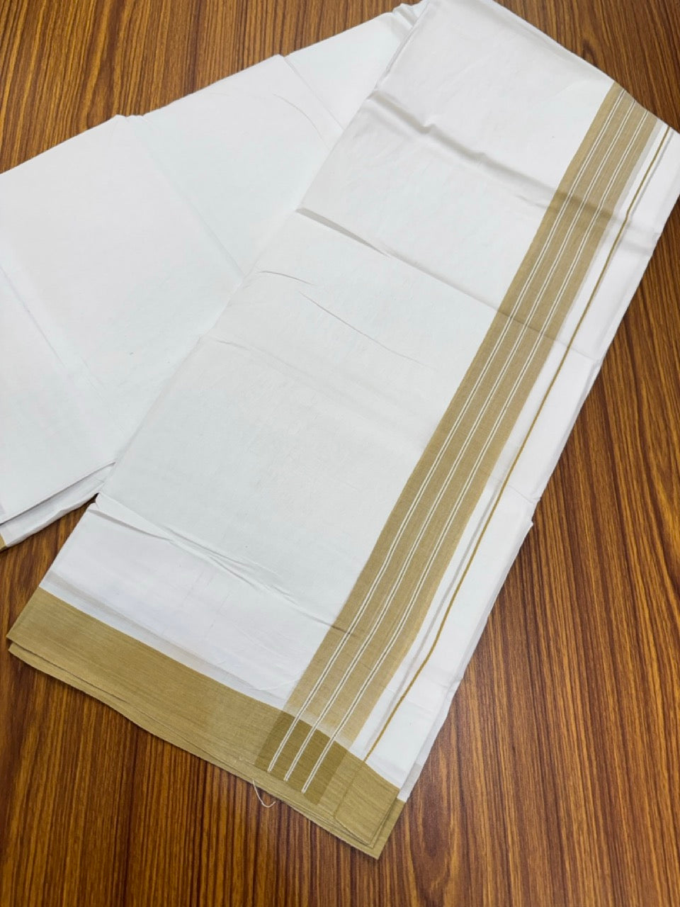 4.5 Meters (10 Muzham) - Pure white double 25% Discount ! KaithariKada Balaramapuram - 100% Pure Cotton 100x80 - Mundu/Dothi - 2 inch Sand Brown Shaded Kara  - 64 KK5258 THI