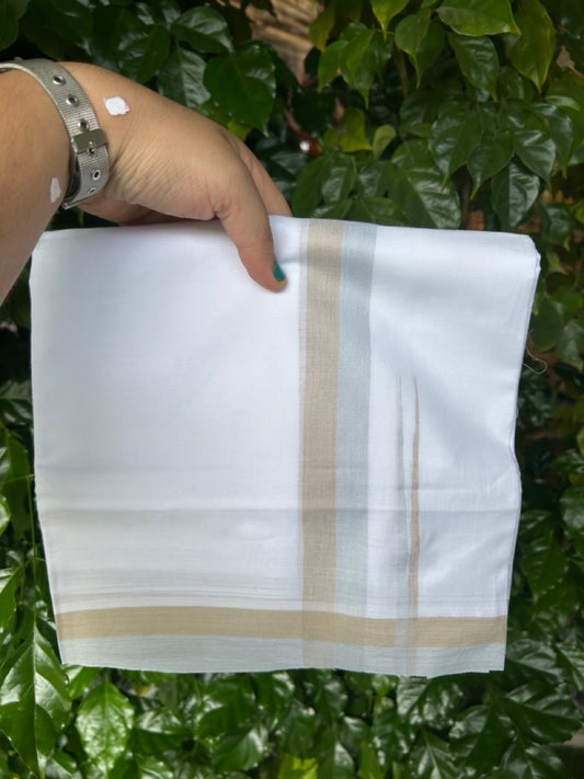 20% Discount ! NEW! KaithariKada Balaramapuram 100% Cotton Pure white Double Mundu/Dhoti - (100x80)s - 1.5 inch Brown Ash Blue Chutty Kara - 65 KK5249 VIN