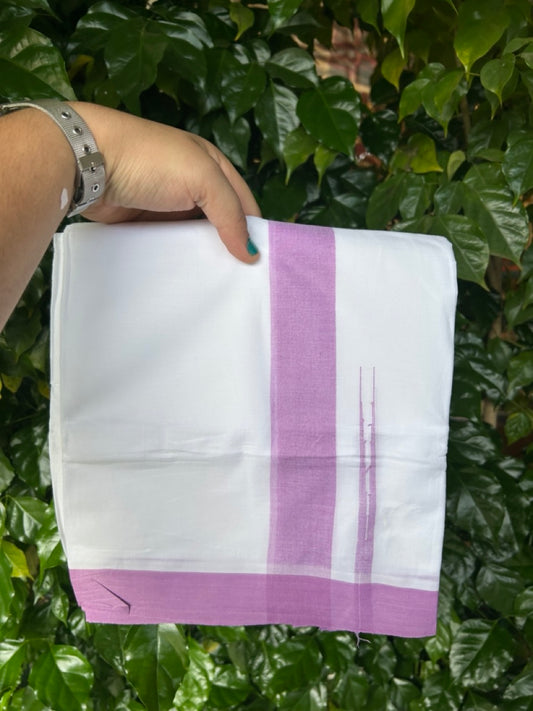 20% Discount ! NEW! KaithariKada Balaramapuram 100% Cotton Pure white Double Mundu/Dhoti - (100x80)s - 1.5 inch Orchid Pruple Chutty Kara - 66 KK5249 VIN
