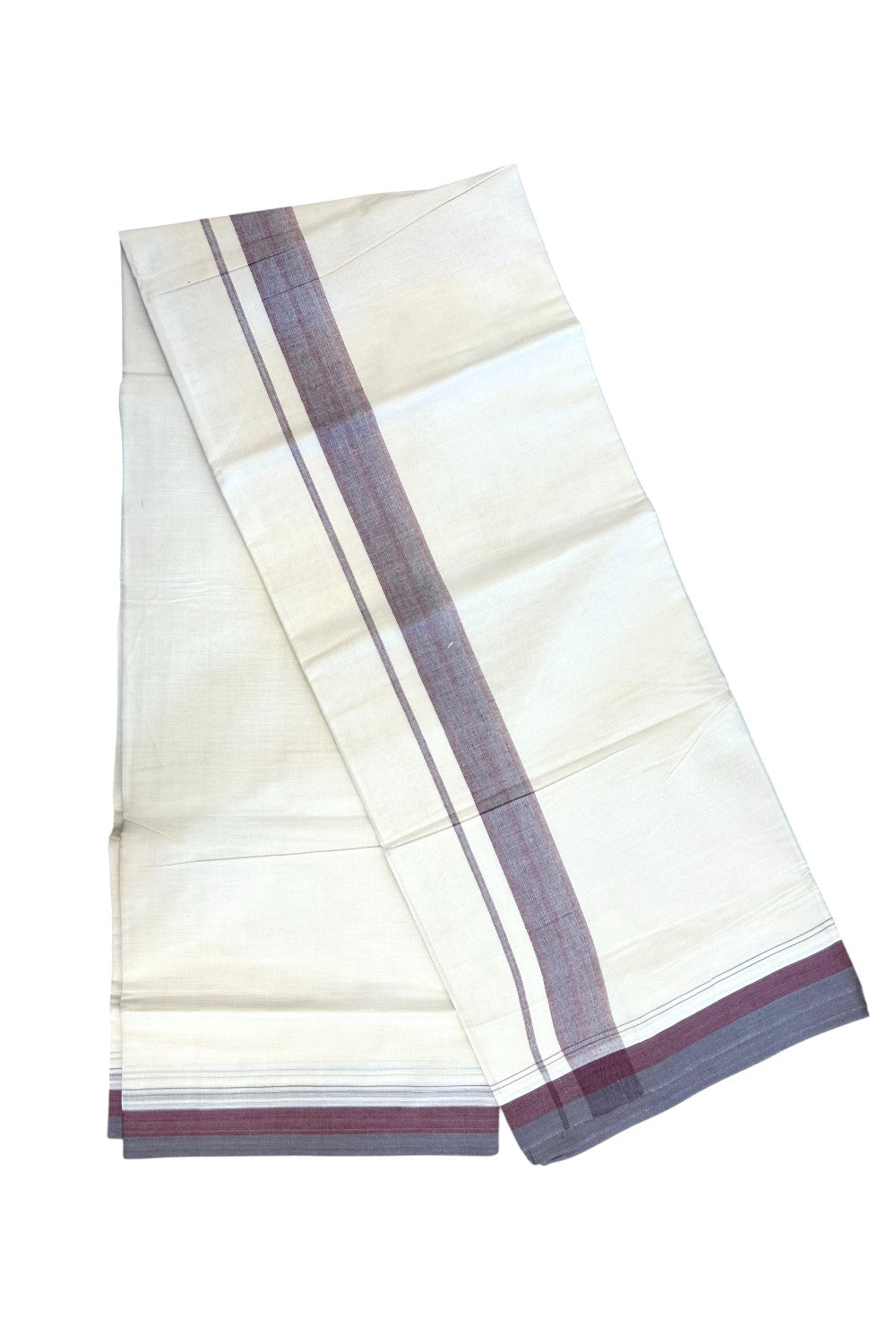 20% DISCOUNT!! KaithariKada Balaramapuram 100%  Cotton OFF WHITE Double - (Unbleached) Mundu/Dhoti - 100X80 - 1.5 inch Purple Ash & Maroon Shaded Kara with Stripes - 66KK5213 VIN