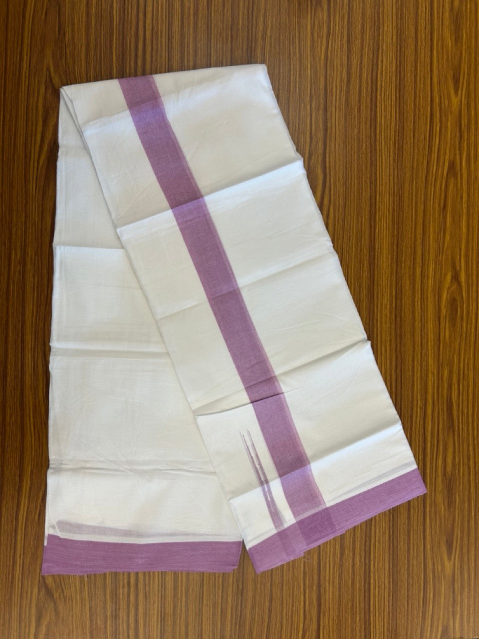 20% Discount ! NEW! KaithariKada Balaramapuram 100% Cotton Pure white Double Mundu/Dhoti - (100x80)s - 1.5 inch Orchid Pruple Chutty Kara - 66 KK5249 VIN