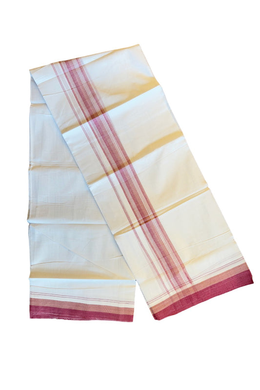 19% DISCOUNT!!! KaithariKada Balaramapuram 100% Cotton Double PURE white Mundu/Dhoti-100x100   2.5 Inch Maroon & brown shades with striped kara  - 66KK83VIN