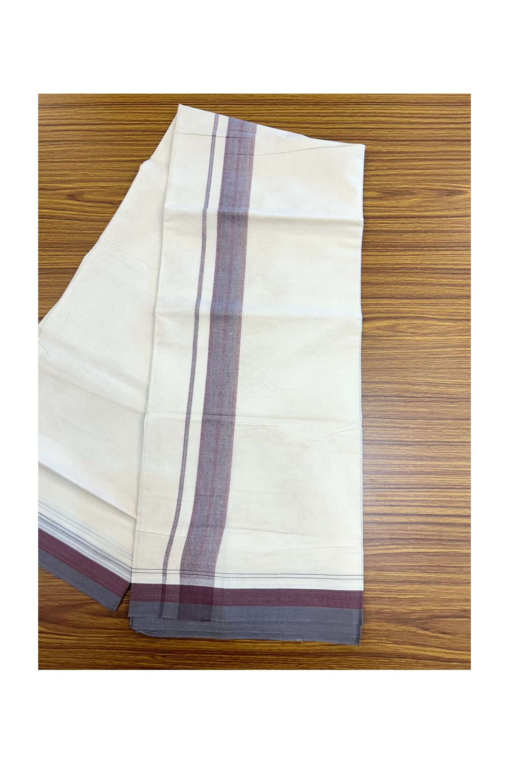 20% DISCOUNT!! KaithariKada Balaramapuram 100%  Cotton OFF WHITE Double - (Unbleached) Mundu/Dhoti - 100X80 - 1.5 inch Purple Ash & Maroon Shaded Kara with Stripes - 66KK5213 VIN