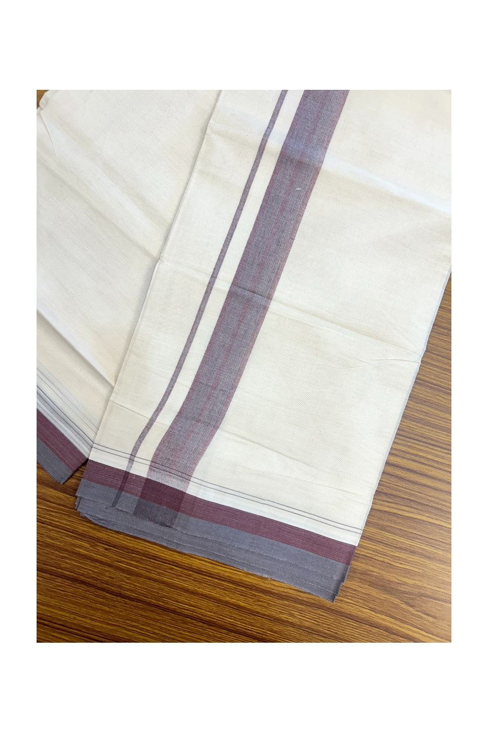 20% DISCOUNT!! KaithariKada Balaramapuram 100%  Cotton OFF WHITE Double - (Unbleached) Mundu/Dhoti - 100X80 - 1.5 inch Purple Ash & Maroon Shaded Kara with Stripes - 66KK5213 VIN